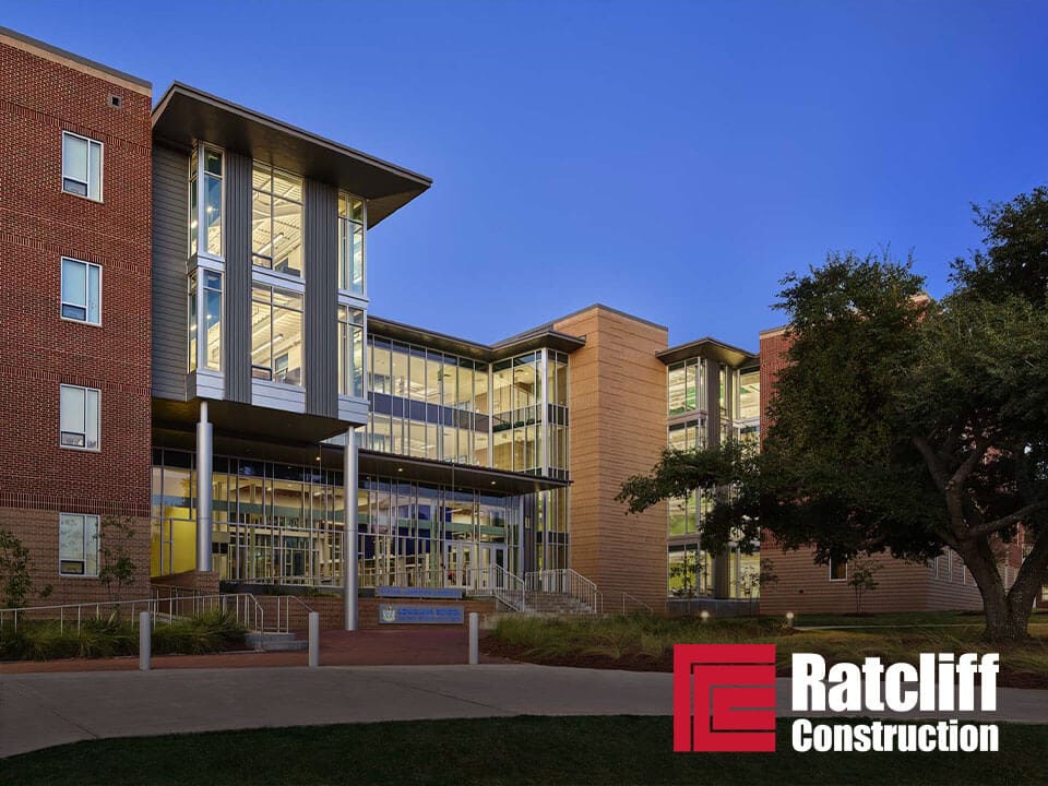 ratcliff construction logo superimposed on image of modern school building