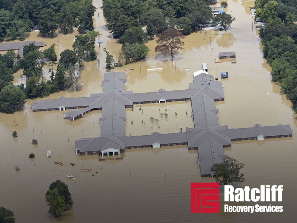 ratcliff recovery services logo superimposed on image of building flooded